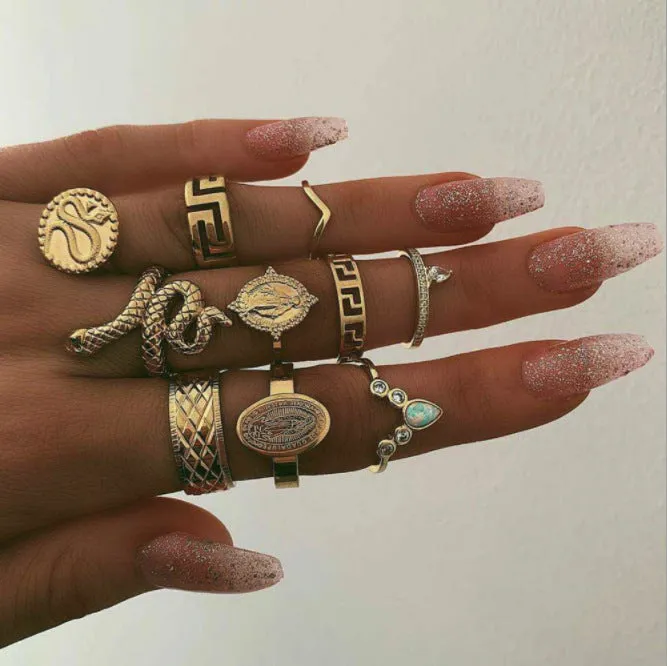 10 Pcs Snake Studded Zig zag Boho Midi Finger Ring