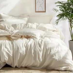 100% Washed Cotton Duvet Cover Set -  Cream