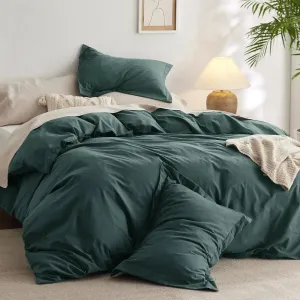 100% Washed Cotton Duvet Cover Set -  Forest Green