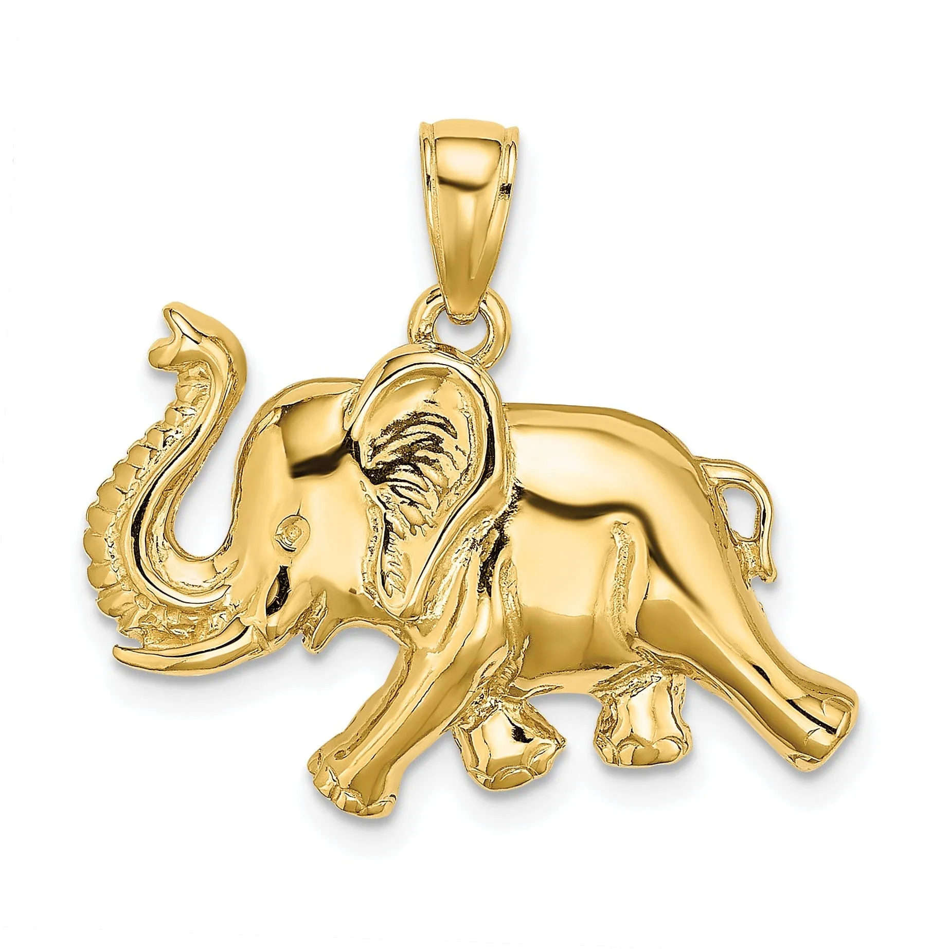 14K Yellow Gold Polished Finish 2-Dimensional Elephant Running with Raised Trunk Charm Pendant