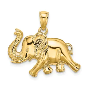 14K Yellow Gold Polished Finish 2-Dimensional Elephant Running with Raised Trunk Charm Pendant