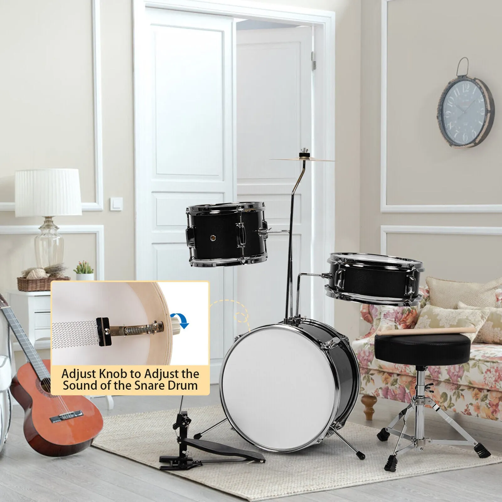 3 Piece Childrens Drum Set  | Junior Kids Drum Kit with Sticks & Adjustable Stool