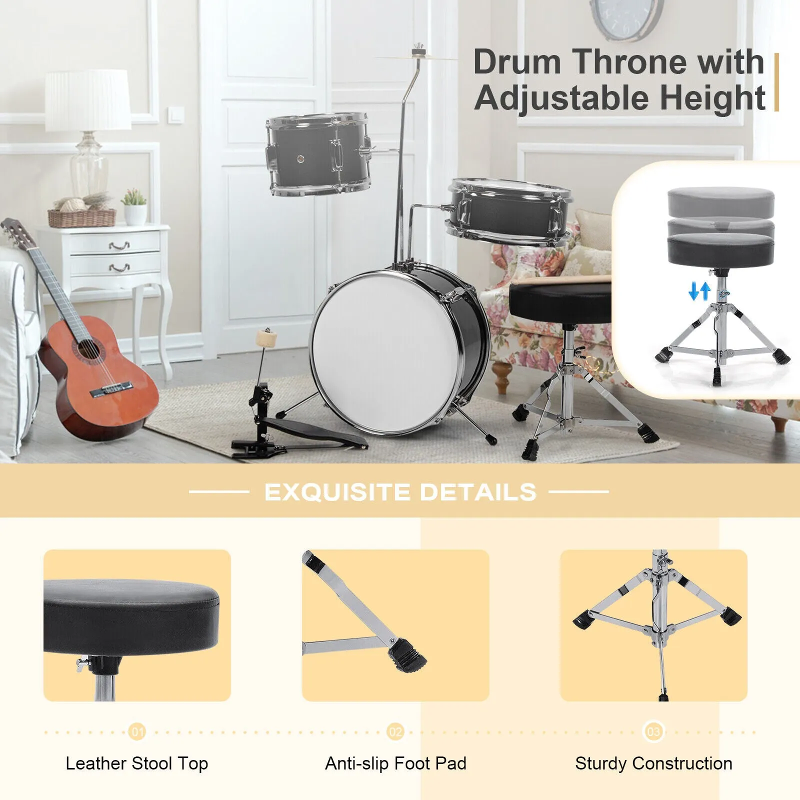 3 Piece Childrens Drum Set  | Junior Kids Drum Kit with Sticks & Adjustable Stool
