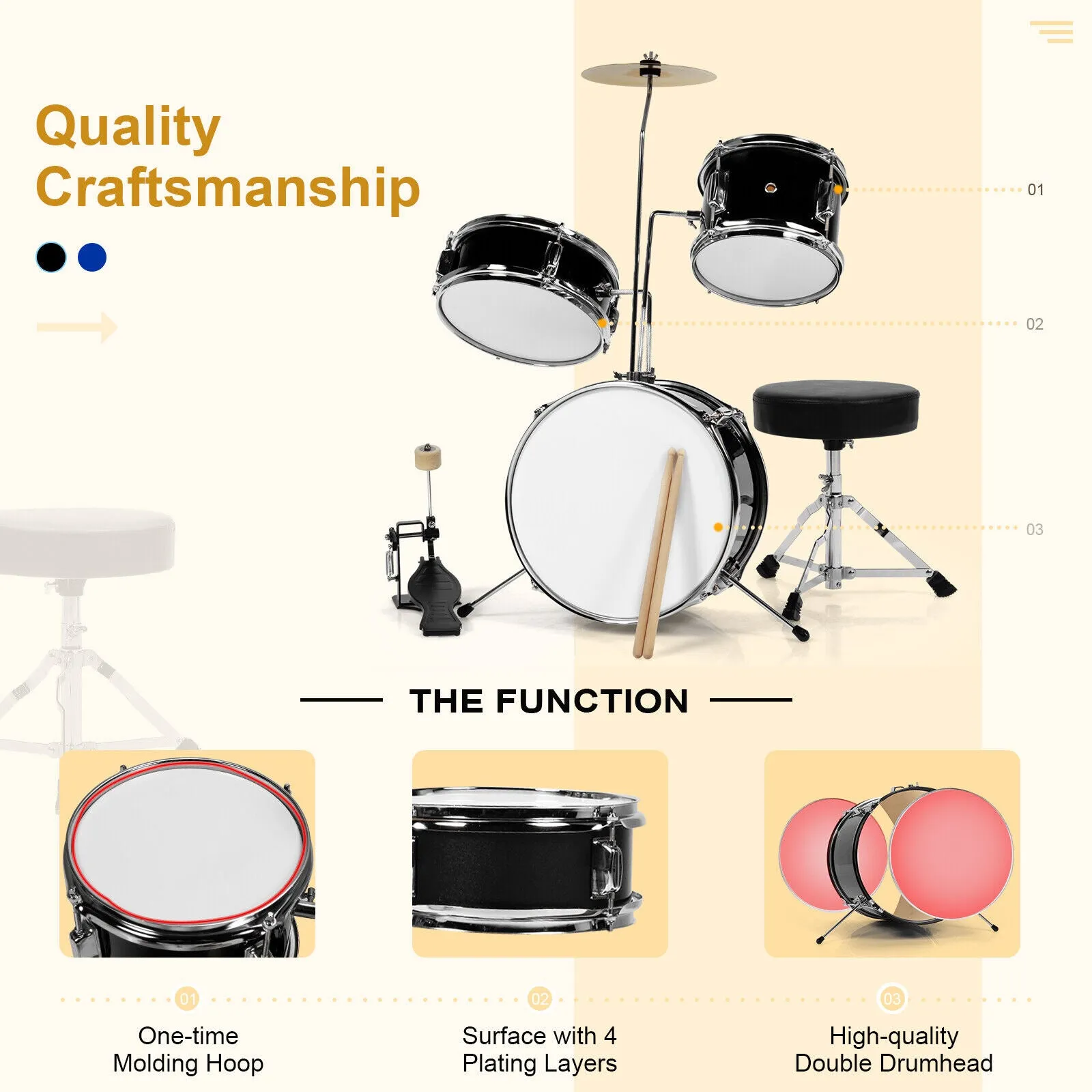3 Piece Childrens Drum Set  | Junior Kids Drum Kit with Sticks & Adjustable Stool