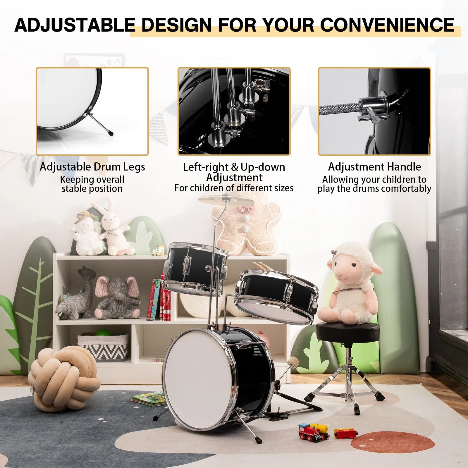 3 Piece Childrens Drum Set  | Junior Kids Drum Kit with Sticks & Adjustable Stool