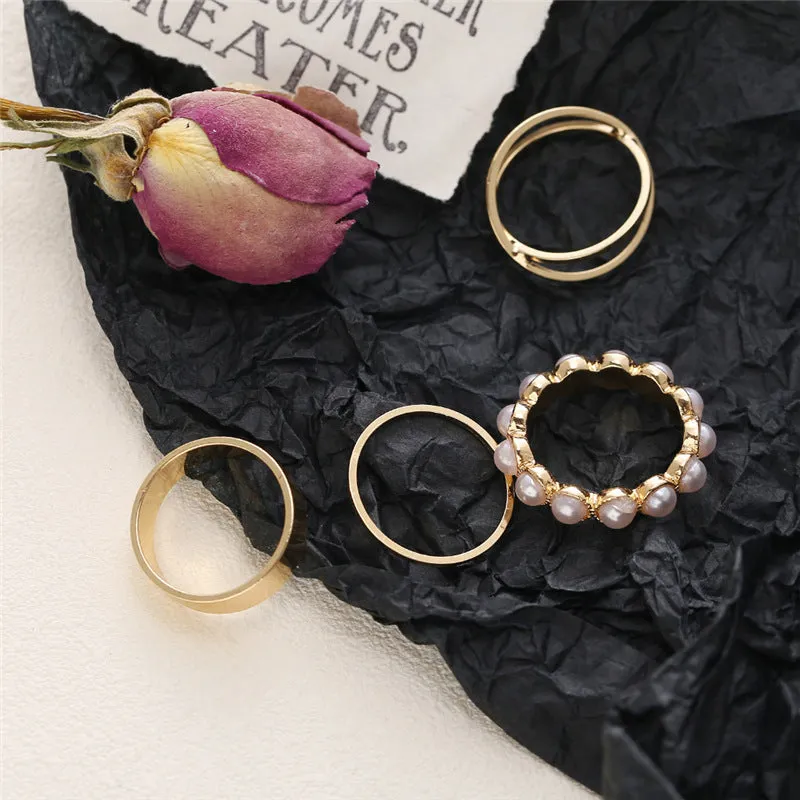 4 Pcs Pearl Cross Knuckle Plain Ring Set