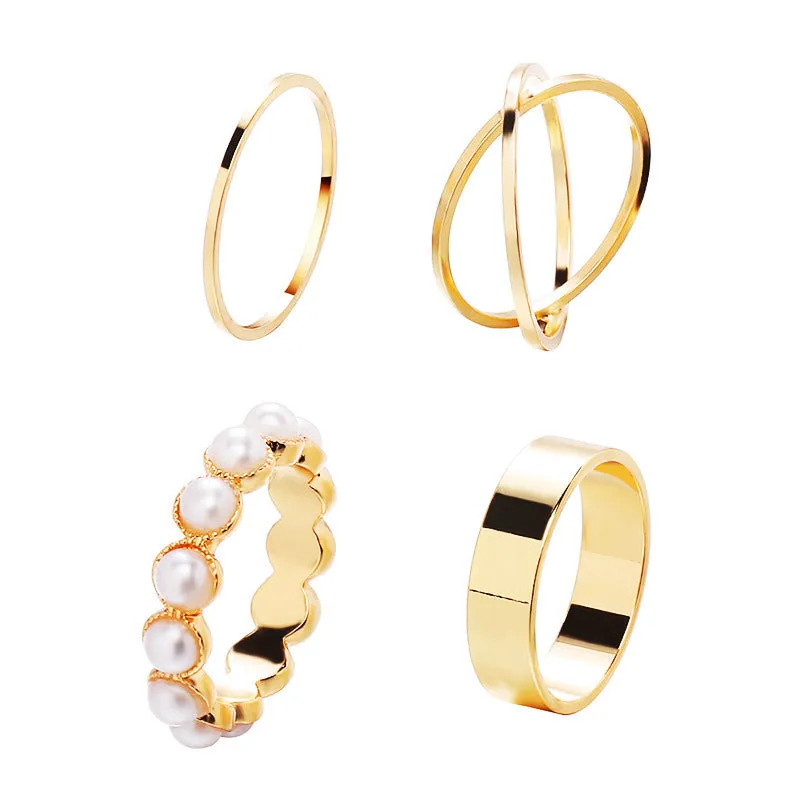 4 Pcs Pearl Cross Knuckle Plain Ring Set