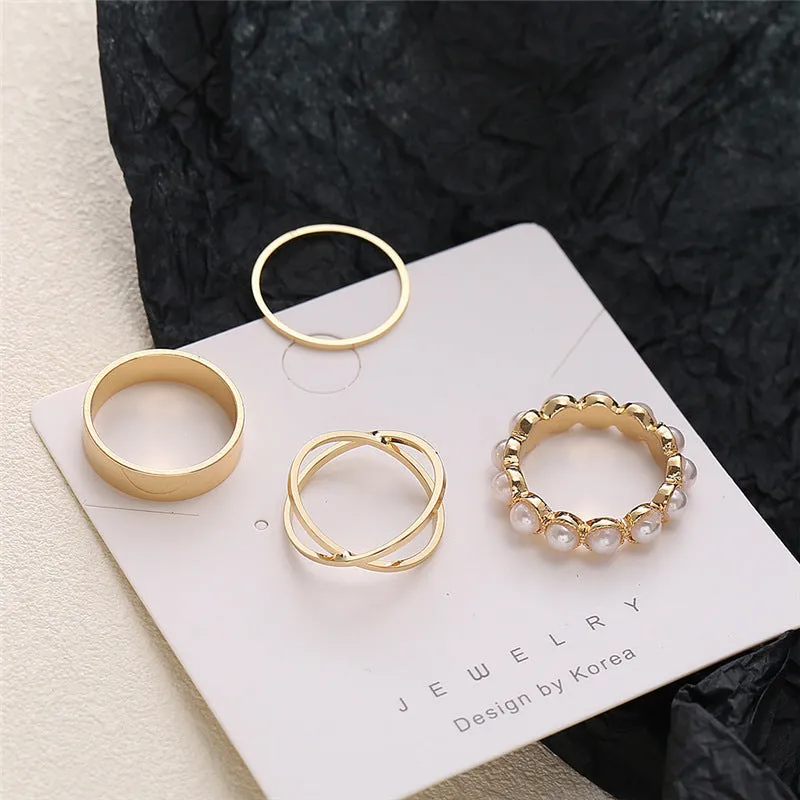 4 Pcs Pearl Cross Knuckle Plain Ring Set