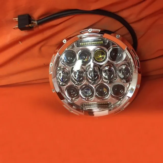 7" DAYMAKER 75W CHROME Projector HID LED Light Bulb Headlight Motorcycle Harley with BLUE HALO