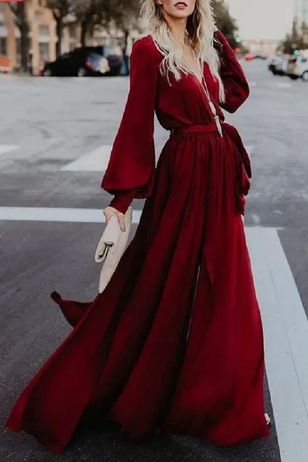 A-line Burgundy Long Prom Dress Long Sleeve Simple Cheap Evening Dress OKR56