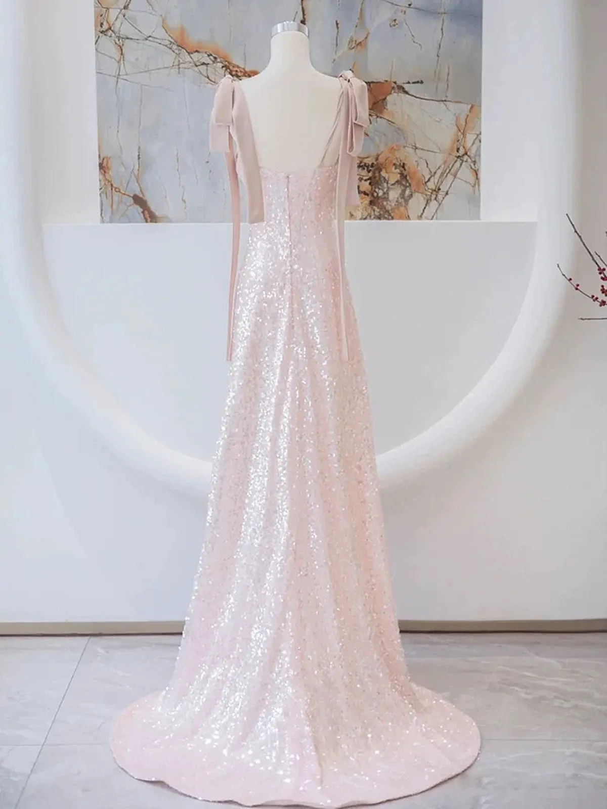 A-line Sequins Pink Straps Long Formal Dress, Simple Pink Evening Dress Prom Dress