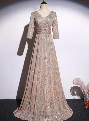 A-line Short Sleeves Sequins Long Evening Dress Bridesmaid Dress, Simple Sequins Evening Dresses