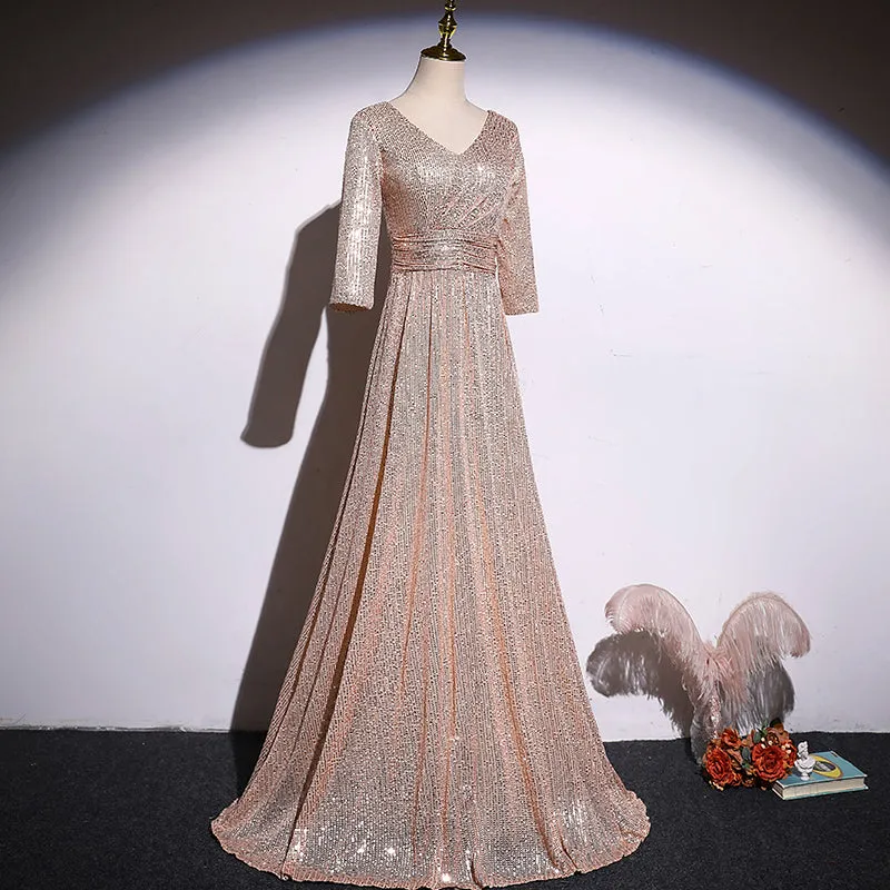 A-line Short Sleeves Sequins Long Evening Dress Bridesmaid Dress, Simple Sequins Evening Dresses