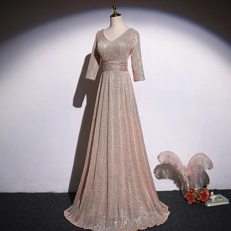 A-line Short Sleeves Sequins Long Evening Dress Bridesmaid Dress, Simple Sequins Evening Dresses