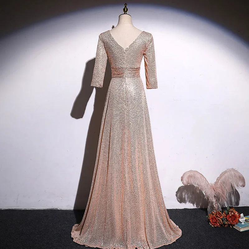 A-line Short Sleeves Sequins Long Evening Dress Bridesmaid Dress, Simple Sequins Evening Dresses