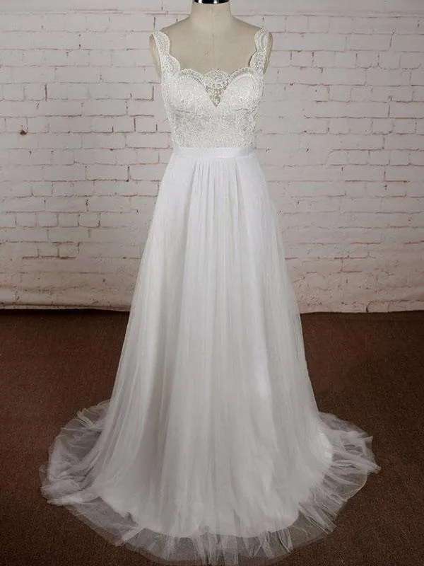A-line V-neck Lace Top Tulle Skirt Sleeveless Simple Cheap Wedding Dress, WD0373