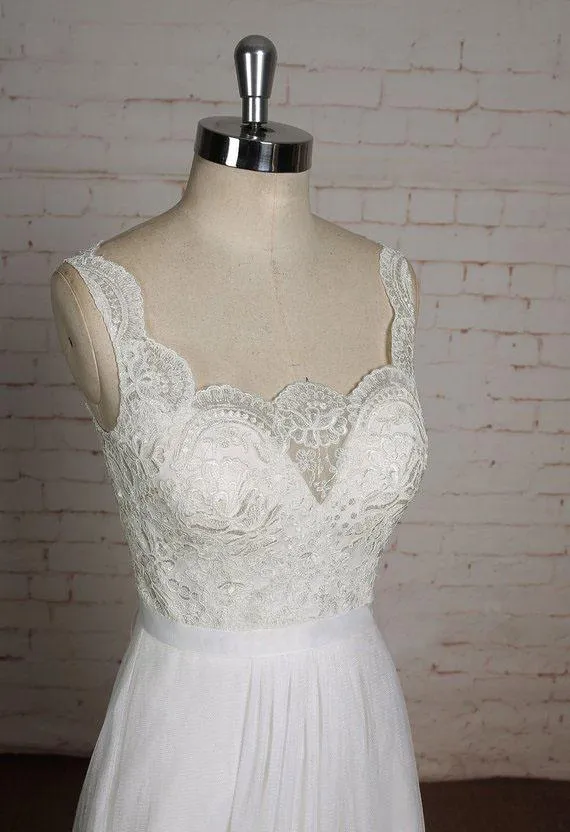 A-line V-neck Lace Top Tulle Skirt Sleeveless Simple Cheap Wedding Dress, WD0373