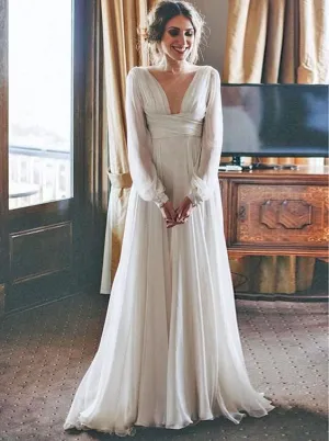 Amazing Long Sleeve V neck Simple Wedding Dress, Bohimian Wedding Dress With Sleeves, Low Back Wedding Dress