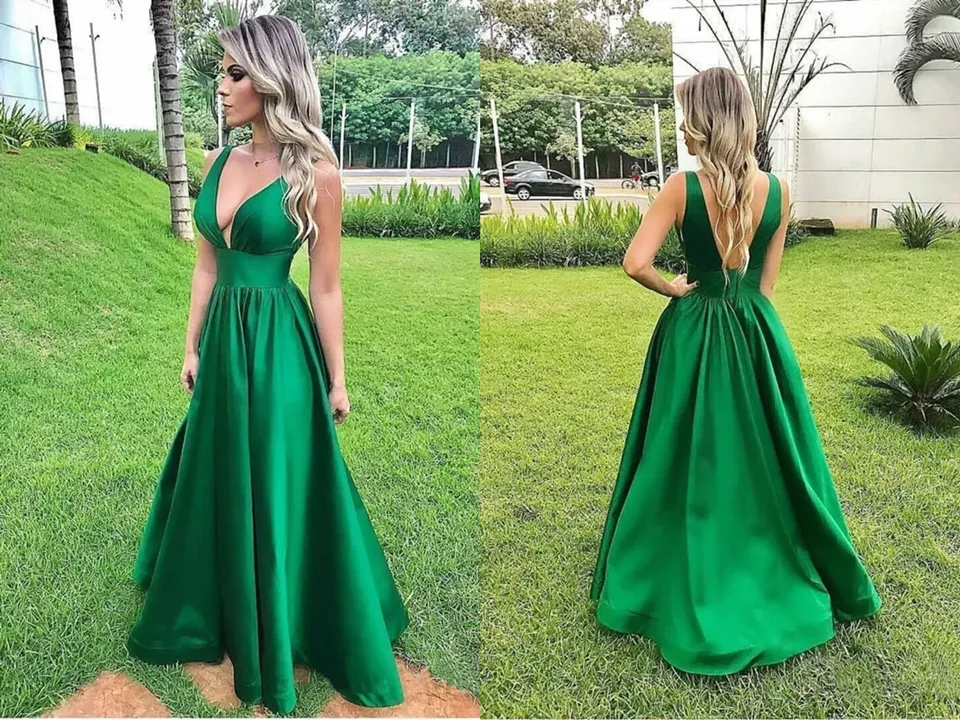 Anneprom Elegant A Line Sexy V Neck Long Satin Backless Prom Dresses Evening Dress APH0118