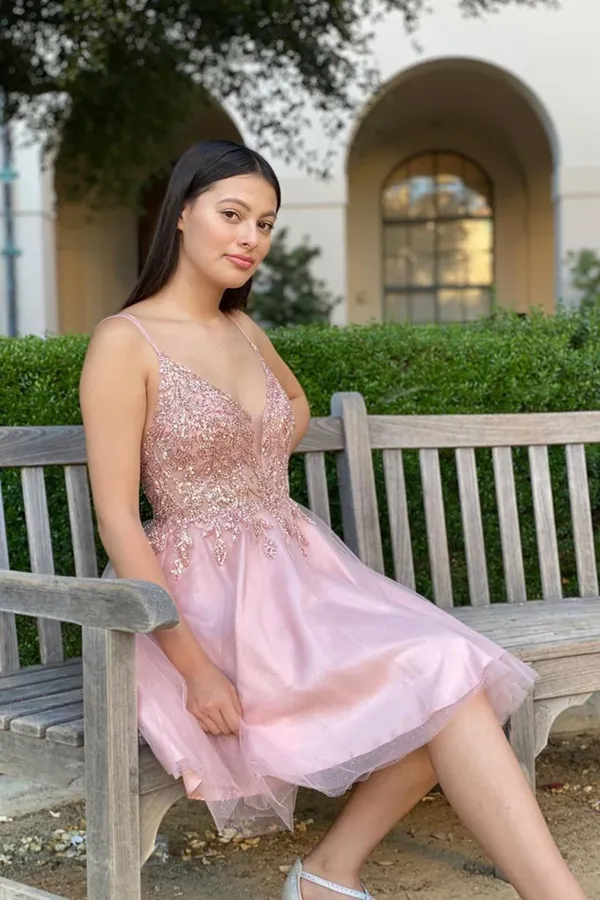 Anneprom Pretty A Line Pink Beadeing Homecoming Dress, Short Spaghetti Straps Prom Dress APH0116