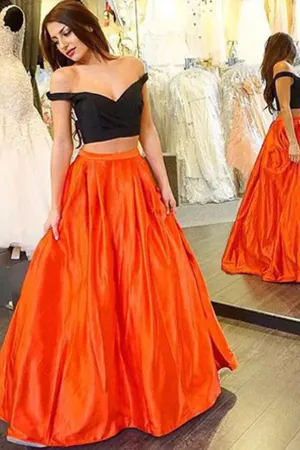 Anneprom Simple Two Piece Satin Prom Dress Off Shoulder Party Dresses APP0069