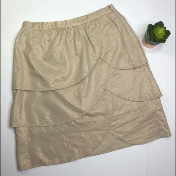 ANTHROPOLOGIE EDME &amp; ESYLLTE Gold Shimmer Gilded Lily Linen Tiered Midi Skirt 8