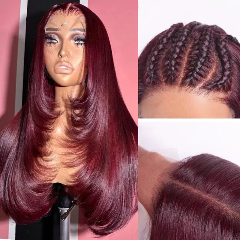 Ashimary Layered Wig Straight Hair 99J Burgundy 13x4 Transparent Lace Frontal Human Hair Wigs