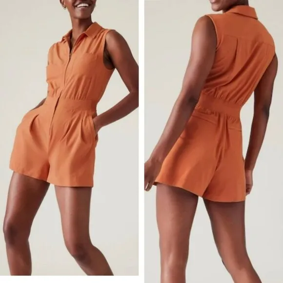 Athleta Brooklyn Romper Sleeveless Collared One-Piece Sunbaked Clay Color UPF 50