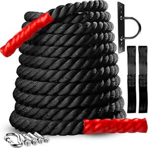 Battle Rope for Home Gym – Anchor Strap Kit & Wear Resistant Protective Sleeve – Heavy Fitness Rope Exercise Equipment for Outdoor Workouts – FREE Training eBook – 30 Ft Length 1.5 Inch Diameter – Strength & Cardio Workout