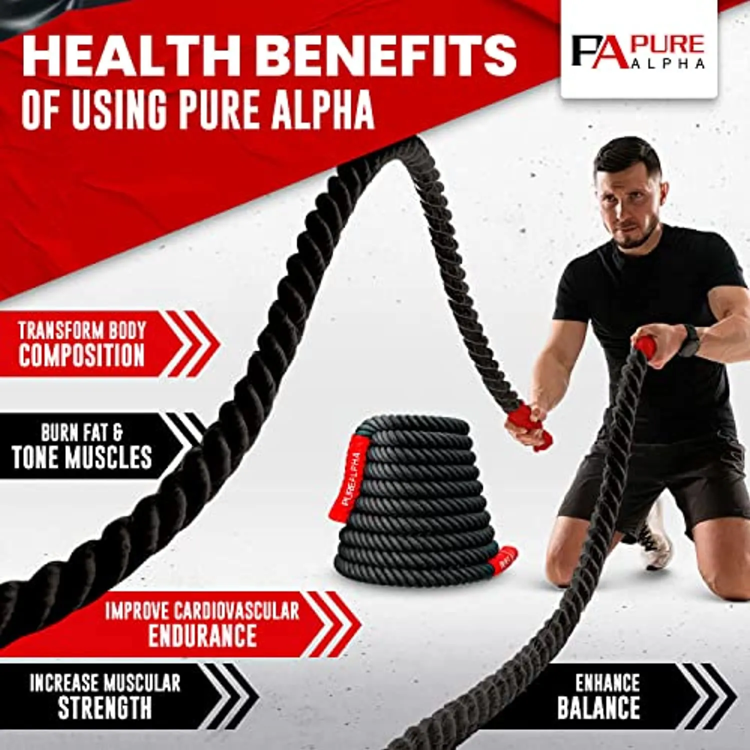 Battle Rope for Home Gym – Anchor Strap Kit & Wear Resistant Protective Sleeve – Heavy Fitness Rope Exercise Equipment for Outdoor Workouts – FREE Training eBook – 30 Ft Length 1.5 Inch Diameter – Strength & Cardio Workout