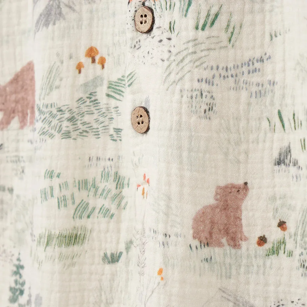 BEAR PRINT ORGANIC MUSLIN BUTTON DOWN SHORTALL