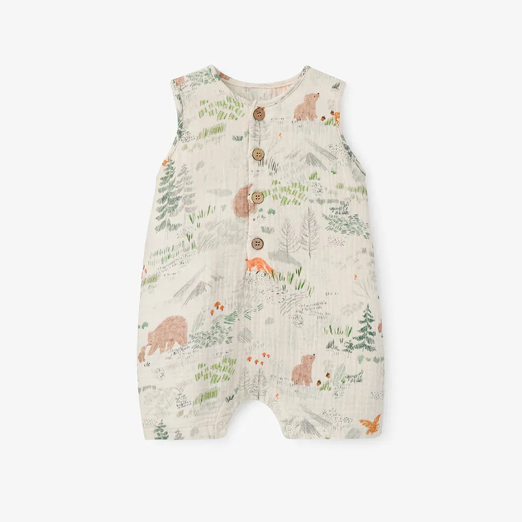 BEAR PRINT ORGANIC MUSLIN BUTTON DOWN SHORTALL