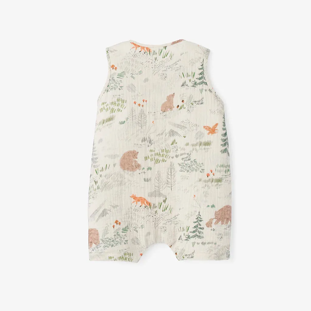 BEAR PRINT ORGANIC MUSLIN BUTTON DOWN SHORTALL