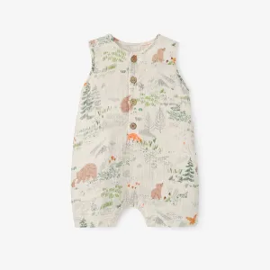 BEAR PRINT ORGANIC MUSLIN BUTTON DOWN SHORTALL