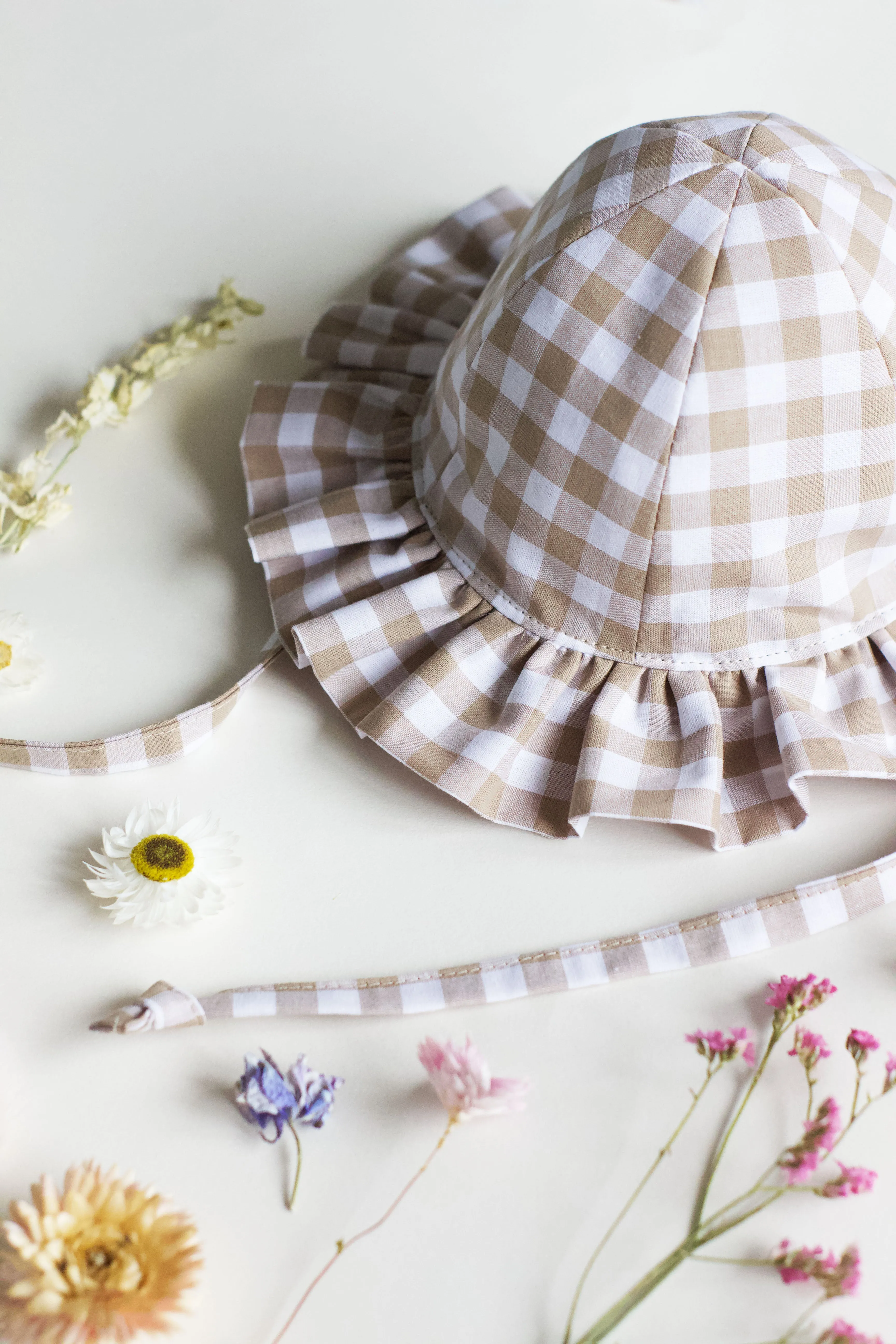 Beige Gingham Frill Sun Hat