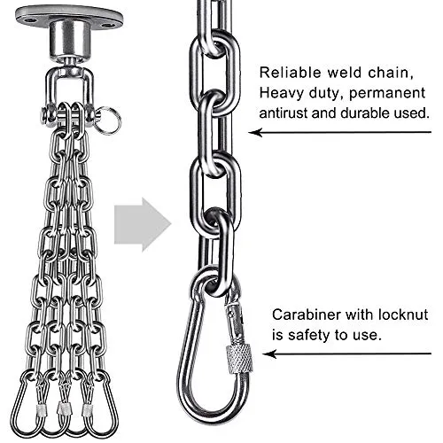 BeneLabel Permanent Antirust Stainless Steel 304 Heavy Duty Boxing Punching Bag Chain, 800 LB Capacity, 360‚ Rotation Spherical Swing Hook with 4 Chains and 4 Carabiners, 2 Wood Screws for Wooden Set
