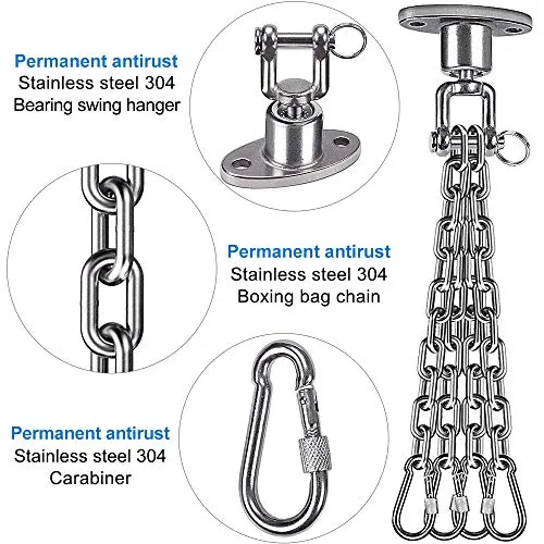 BeneLabel Permanent Antirust Stainless Steel 304 Heavy Duty Boxing Punching Bag Chain, 800 LB Capacity, 360‚ Rotation Spherical Swing Hook with 4 Chains and 4 Carabiners, 2 Wood Screws for Wooden Set