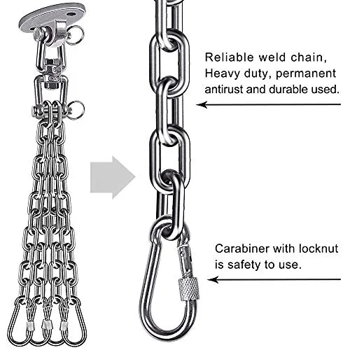 Besthouse Permanent Antirust Stainless Steel 304 Heavy Duty Boxing Punching Bag Chain 300LBS Capacity, Heavy Duty Swing Hangers, 4 Chains and 4 Carabiner, 360° Rotate, 2 Screw for Wooden Sets