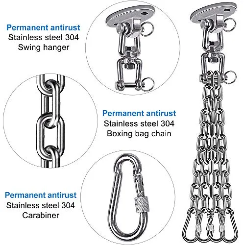 Besthouse Permanent Antirust Stainless Steel 304 Heavy Duty Boxing Punching Bag Chain 300LBS Capacity, Heavy Duty Swing Hangers, 4 Chains and 4 Carabiner, 360° Rotate, 2 Screw for Wooden Sets