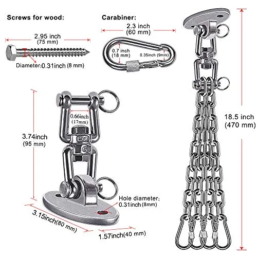 Besthouse Permanent Antirust Stainless Steel 304 Heavy Duty Boxing Punching Bag Chain 300LBS Capacity, Heavy Duty Swing Hangers, 4 Chains and 4 Carabiner, 360° Rotate, 2 Screw for Wooden Sets