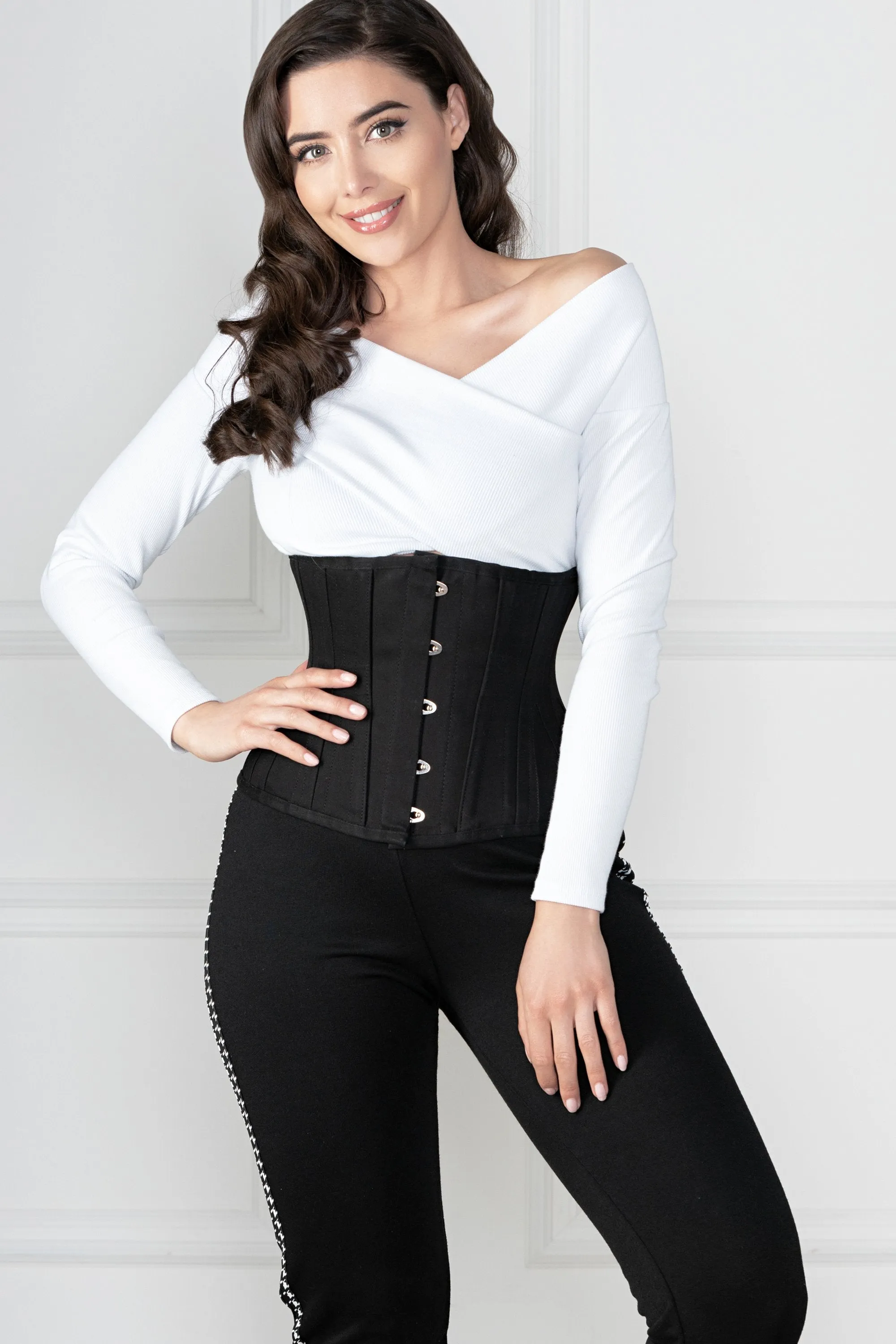 Black Cotton Twill Classic Underbust Waist Trainer With Hip Gores