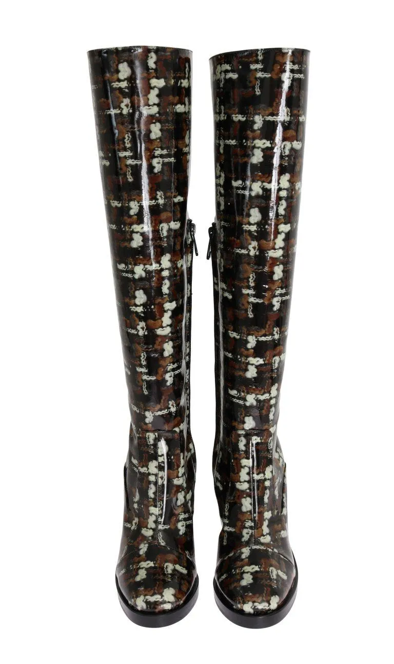 Black Leather Brown Knit Print Boots