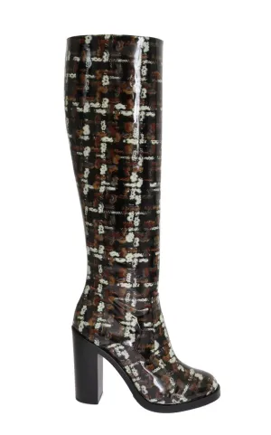 Black Leather Brown Knit Print Boots