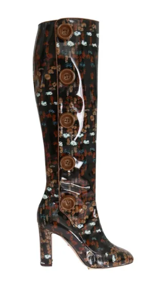 Black Leather Brown Knit Print Boots