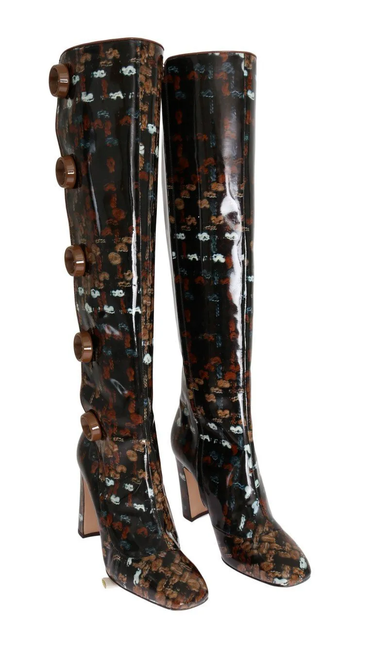 Black Leather Brown Knit Print Boots