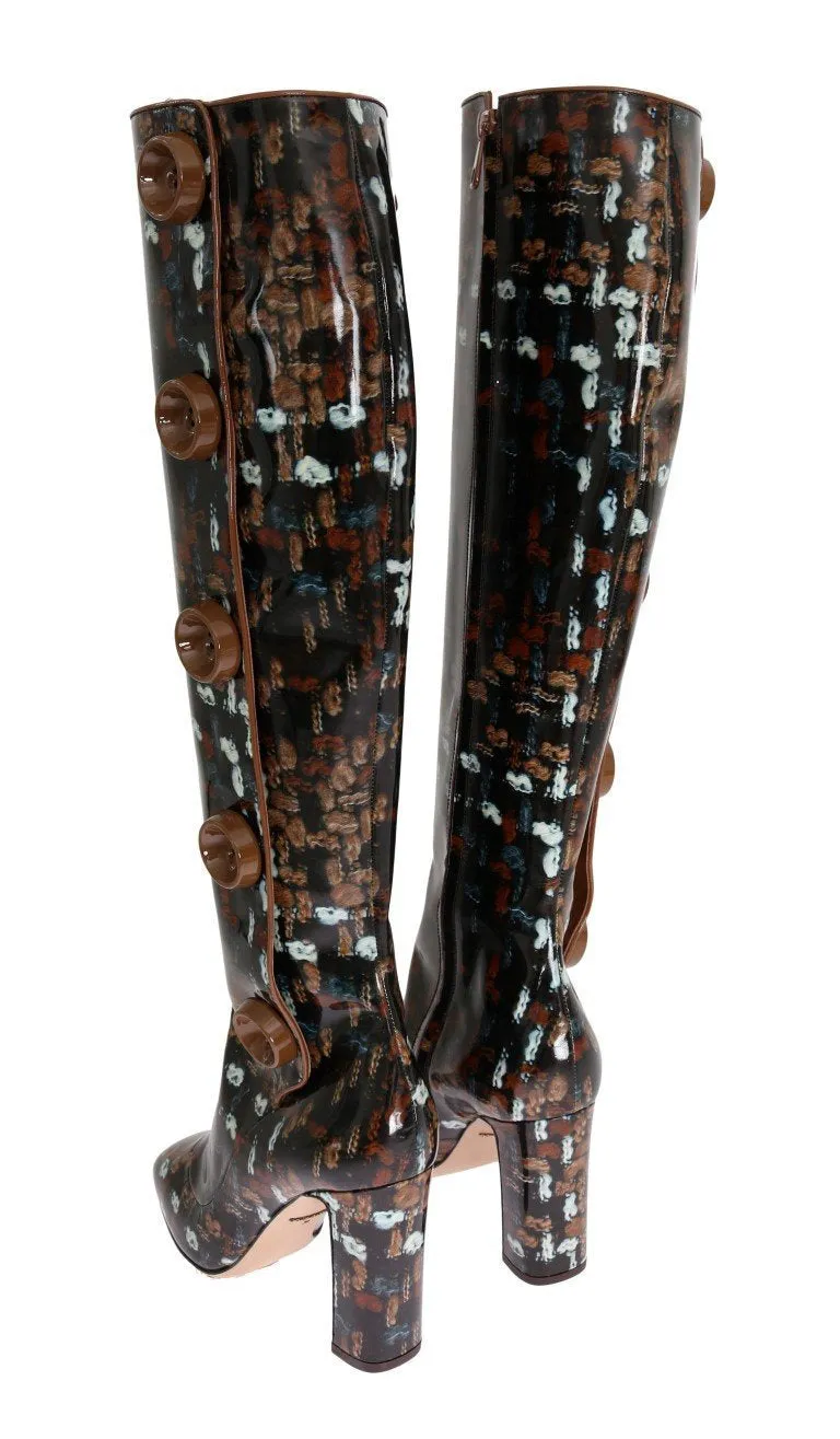Black Leather Brown Knit Print Boots