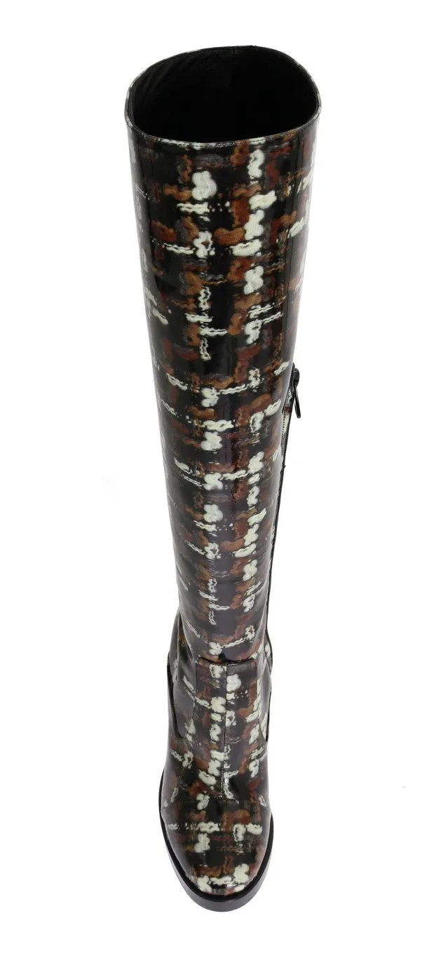 Black Leather Brown Knit Print Boots