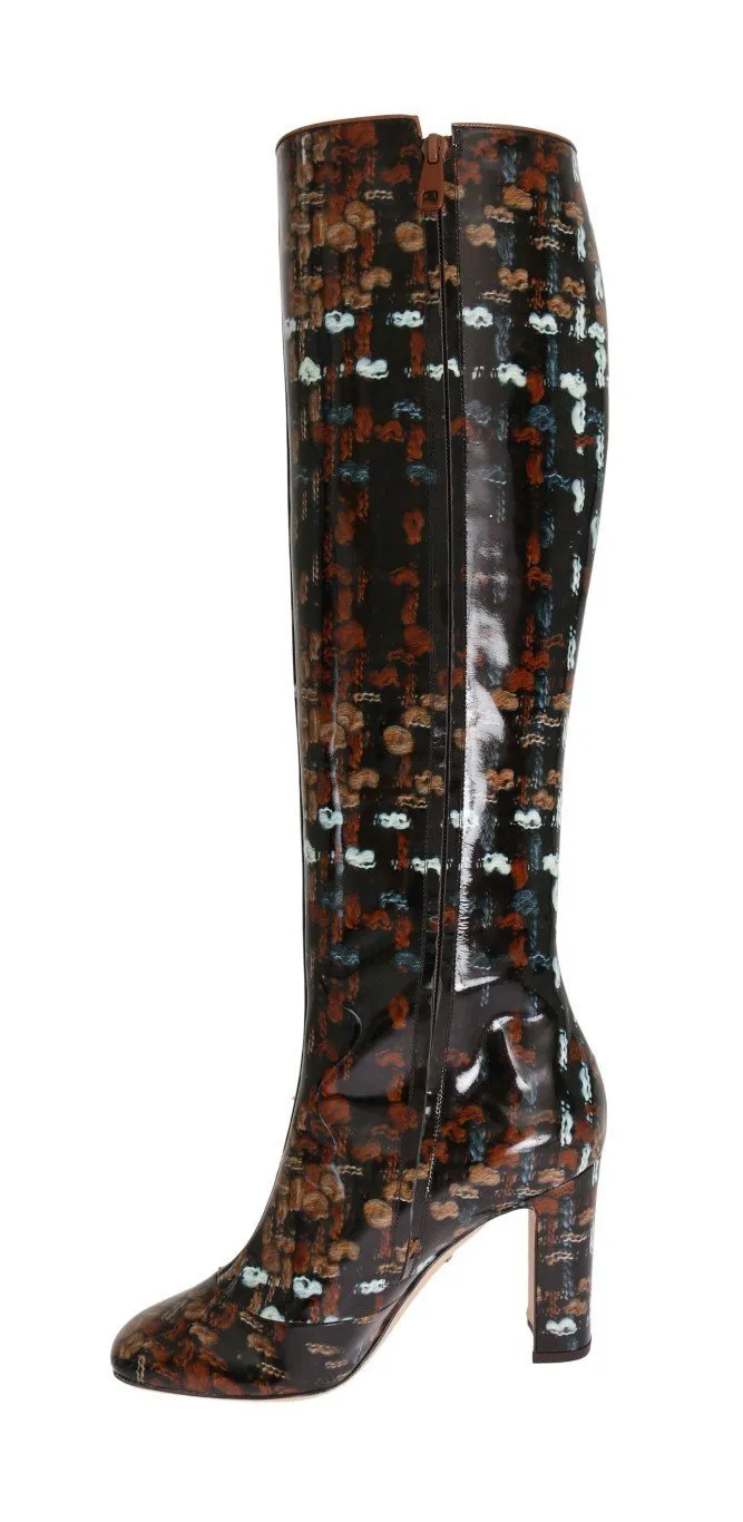 Black Leather Brown Knit Print Boots