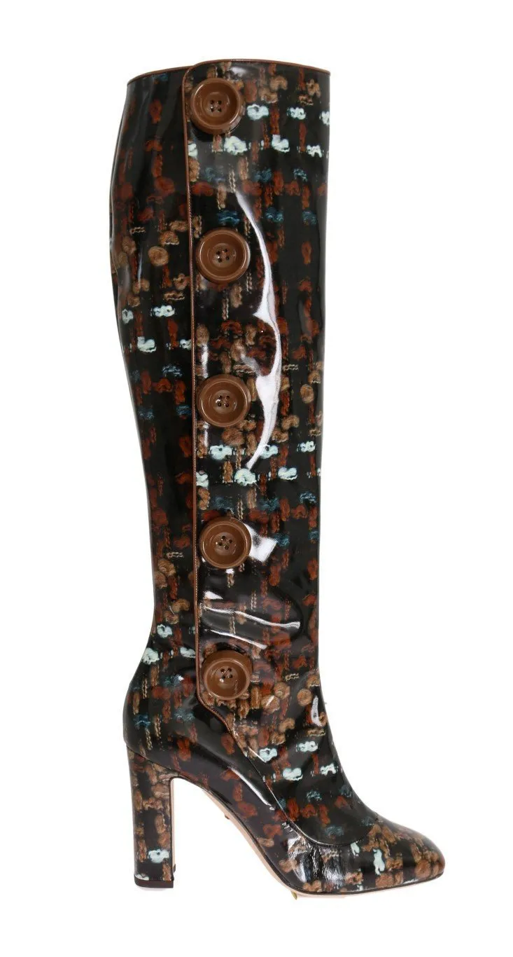 Black Leather Brown Knit Print Boots