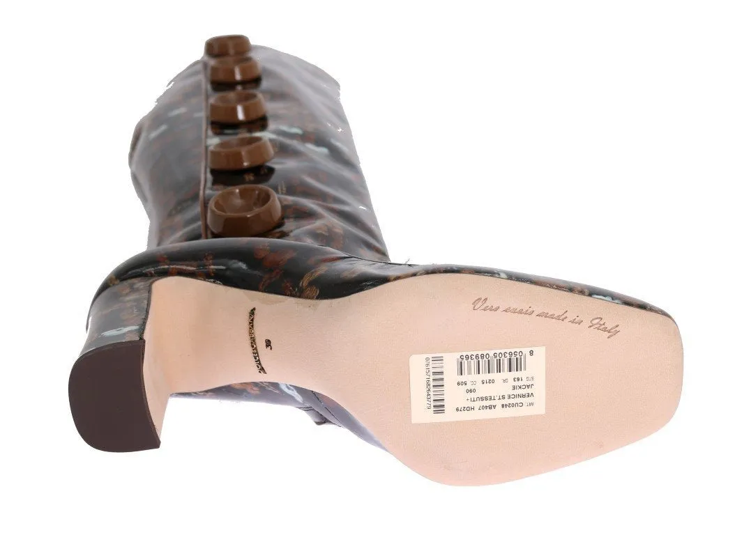 Black Leather Brown Knit Print Boots